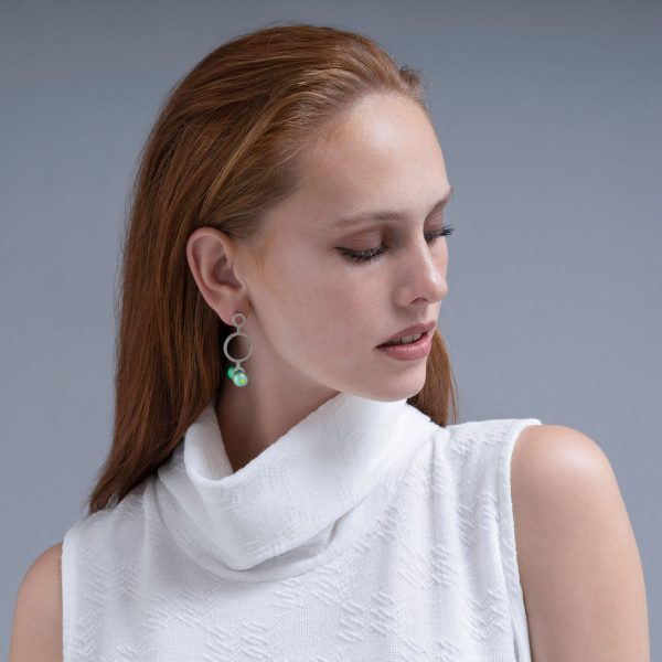 Asymmetrical Tension Silver Earrings Green Worn - Just Silver - Jewellery and Objects for the design enthusiast - karakalpaki.com