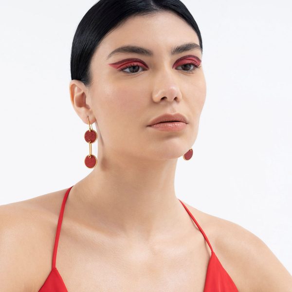 Bipolar Leather Earrings Red Worn - Skin on Skin - Jewellery and Objects for the design enthusiast - karakalpaki.com