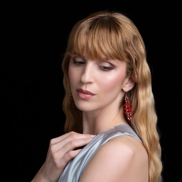 Chandelier Earrings Red Beads Worn - Just Silver - Jewellery and Objects for the Design Enthusiast - karakalpaki.com